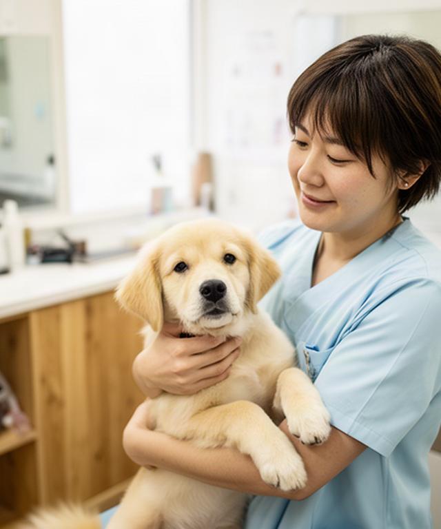 滝川市のペットグルーミングサロンで犬を抱く代表トリマー、木の家具と明るい施術室