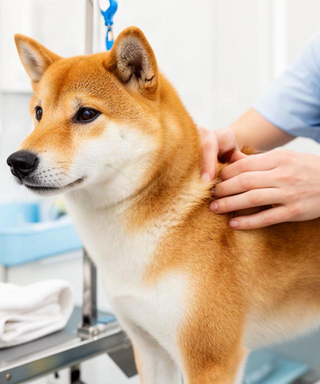 明るいグルーミング室で低刺激シャンプー後の柴犬の皮膚を確認する様子