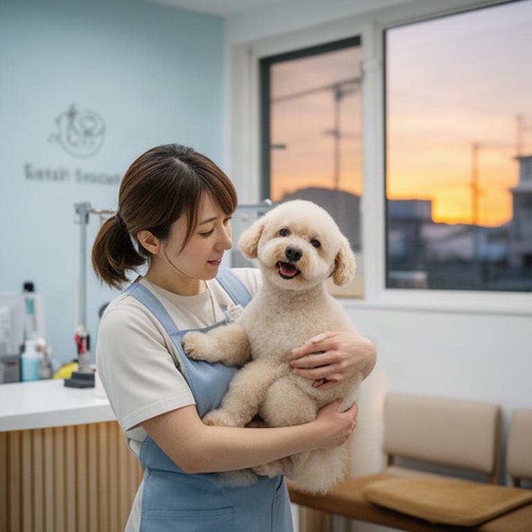 仕事帰りの飼い主が滝川のサロンで整った小型犬を迎える場面