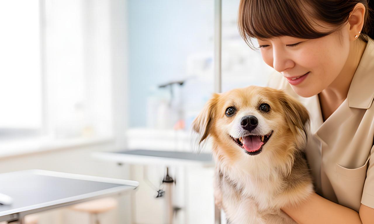 明るいサロン内でトリマーに寄り添う笑顔の小型犬