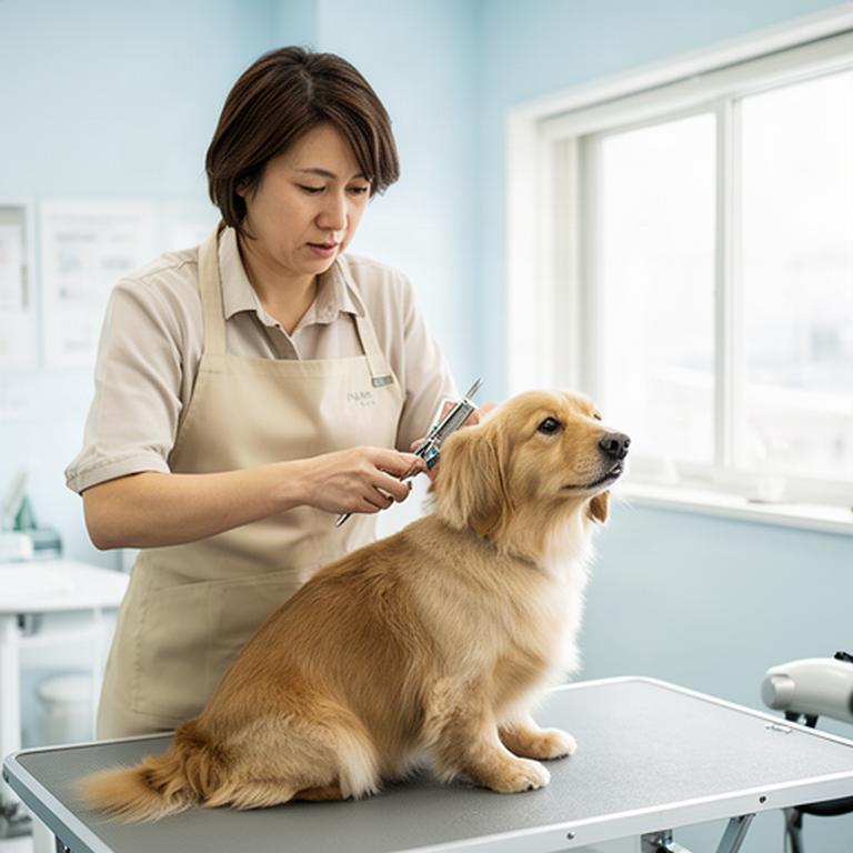滝川市のグルーミングサロンで犬の毛並みを整えるトリマー