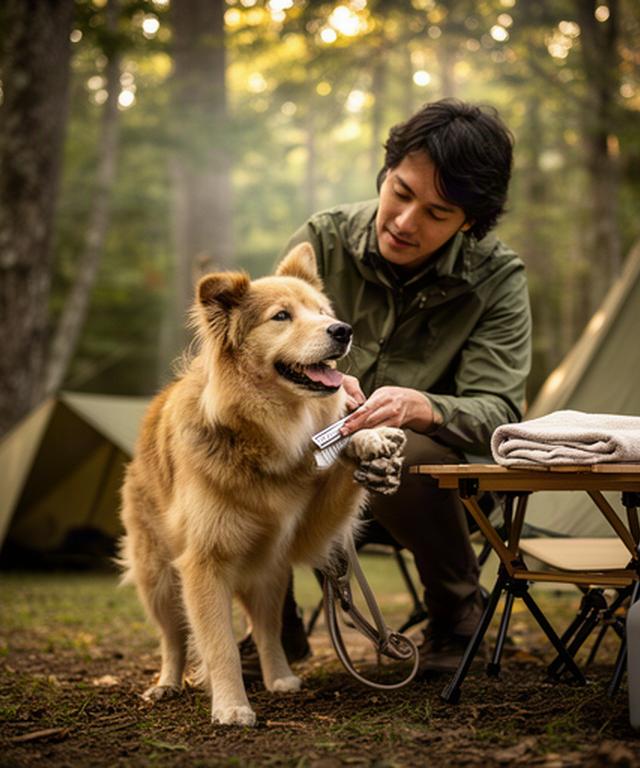 北海道の森のキャンプ場で飼い主と過ごす犬のアウトドアケア風景