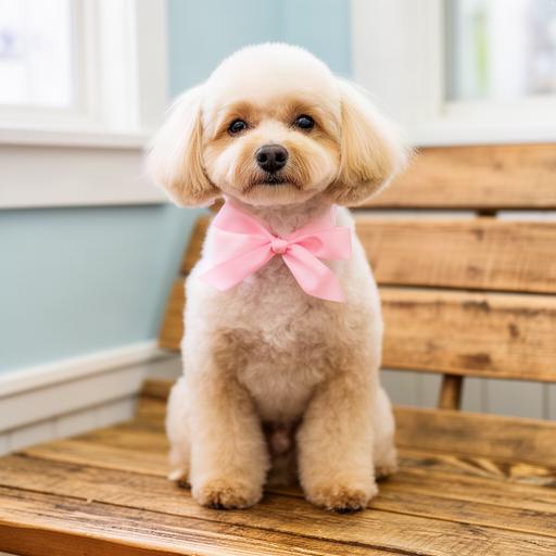 ピンクのリボンをつけた小型犬がサロンの木製ベンチに座る投稿写真