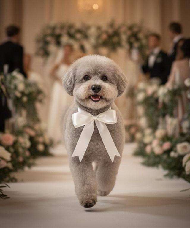 結婚式の会場で白いリボンをつけた犬がリングドッグとして歩く記念写真
