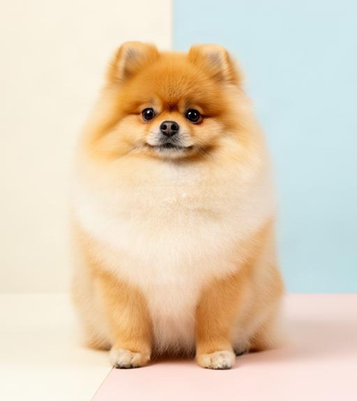 たぬきカットに整えたポメラニアンが淡い背景の前で座る写真